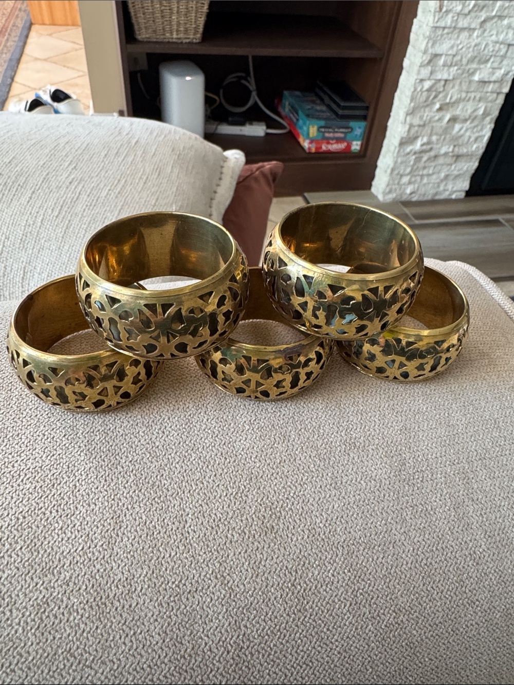 Vintage Brass Cutout Napkin Rings - Set of 5 (Mid-Century Boho Openwork)